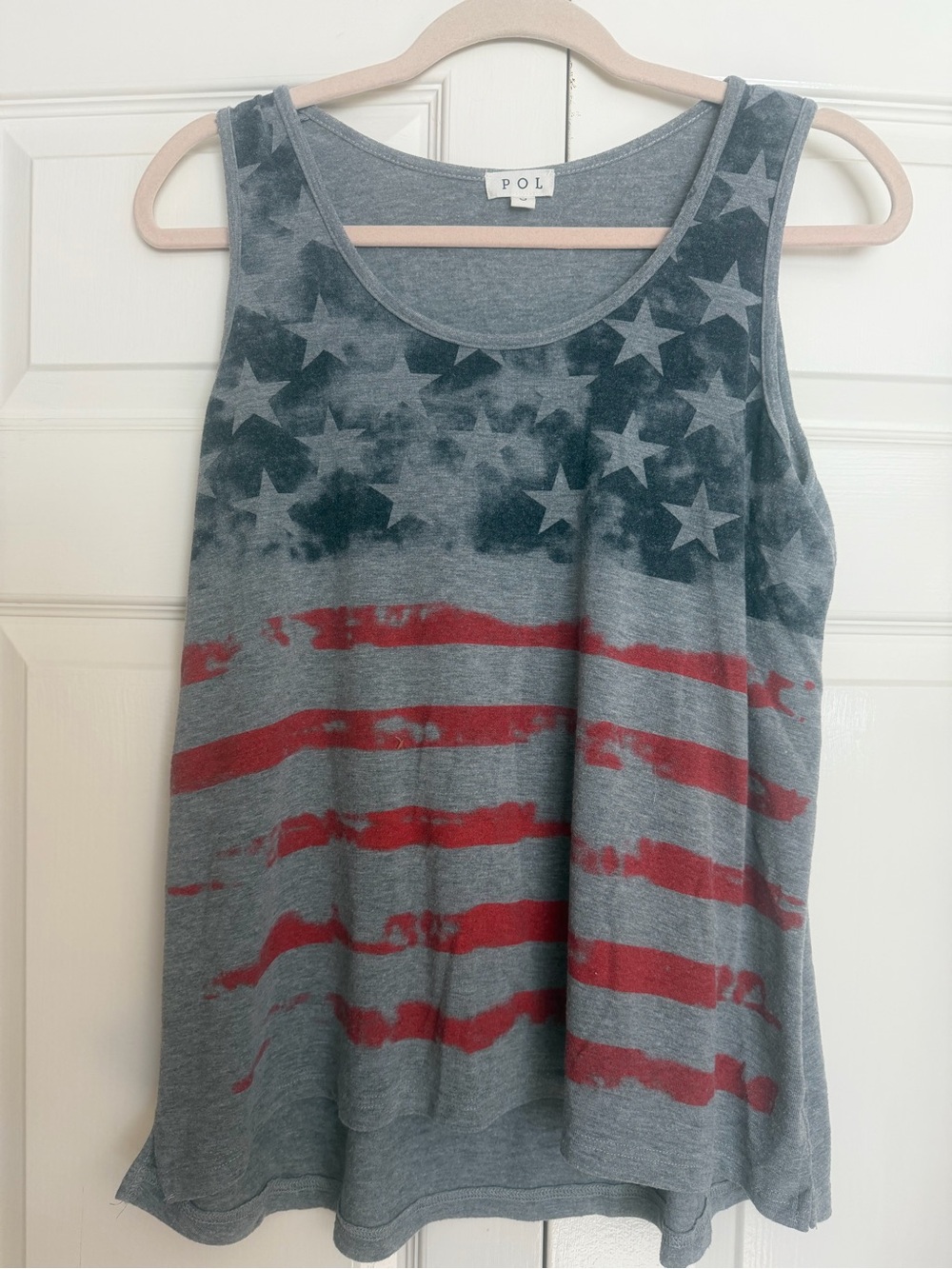 POL Women’s Scoopneck Sleeveless Grey Tank with Stars/Stripes Size Small NWOT